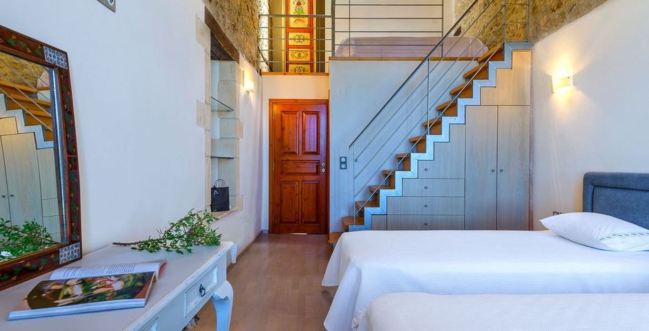 Show luxury traditional villa old mill mouranas crete greece bedroom mezzanine