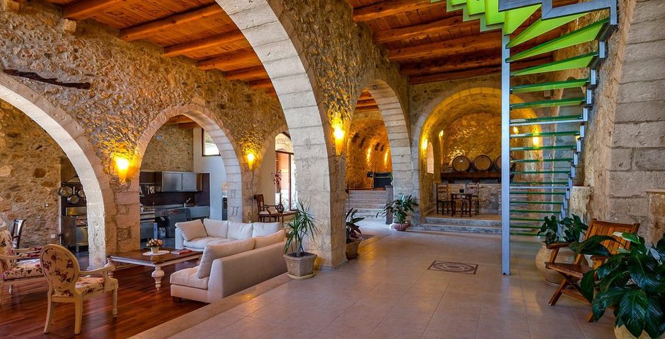 Show luxury traditional villa old mill mouranas crete greece archeological restoration