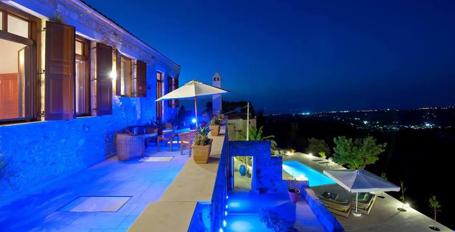 Show luxury traditional villa old mill mouranas crete greece night